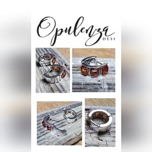 Opulenza Designs Sterling Silver Huggie Earrings with Amber Stones
